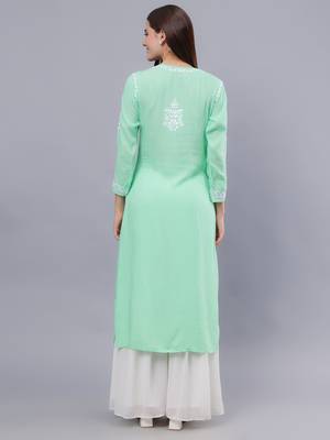 hand embroidered sea green modal lucknowi chikan kurta 2