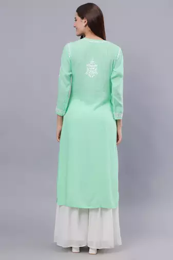 hand embroidered sea green modal lucknowi chikan kurta