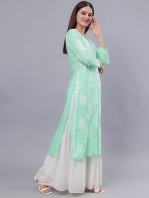 hand embroidered sea green modal lucknowi chikan kurta 3