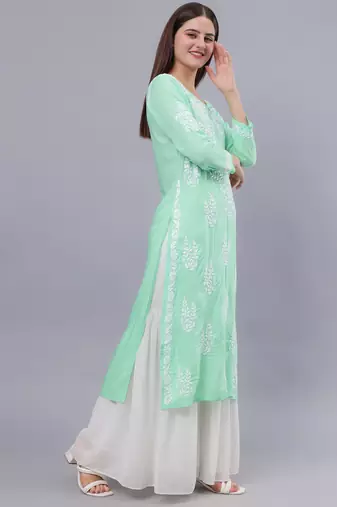 hand embroidered sea green modal lucknowi chikan kurta