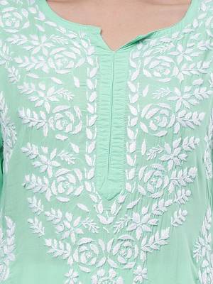 hand embroidered sea green modal lucknowi chikan kurta 4