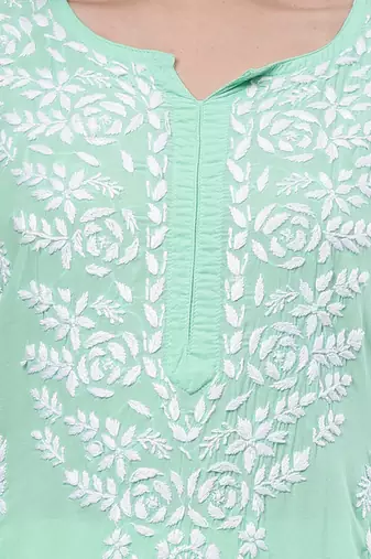 hand embroidered sea green modal lucknowi chikan kurta