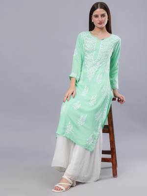 hand embroidered sea green modal lucknowi chikan kurta 1