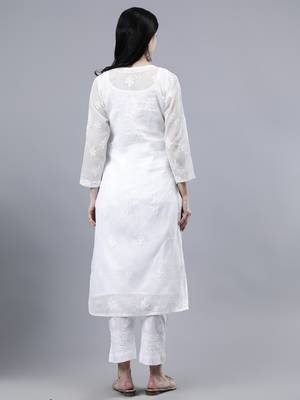 hand embroidered white kota lucknowi chikan kurta with slip 2