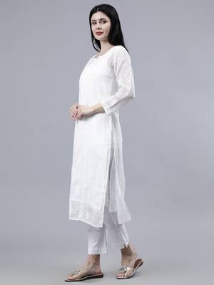 hand embroidered white kota lucknowi chikan kurta with slip 3