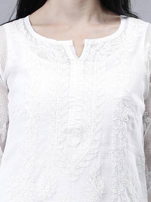 hand embroidered white kota lucknowi chikan kurta with slip 4
