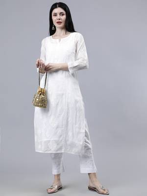 hand embroidered white kota lucknowi chikan kurta with slip 1