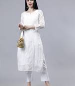 hand embroidered white kota lucknowi chikan kurta with slip