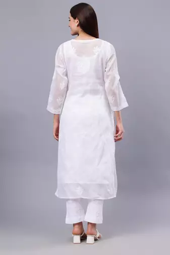 hand embroidered white kota lucknowi chikan kurta with slip