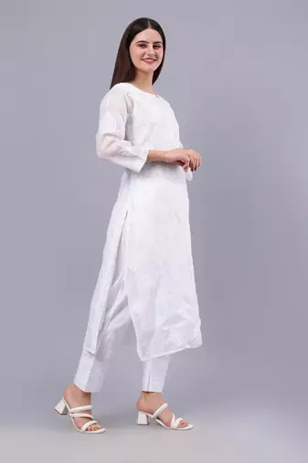 hand embroidered white kota lucknowi chikan kurta with slip