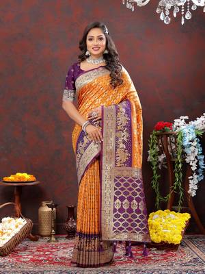 Vedant Vastram Women'S Mustard Color Kanjeevaram Patola Silk Blend Saree  1