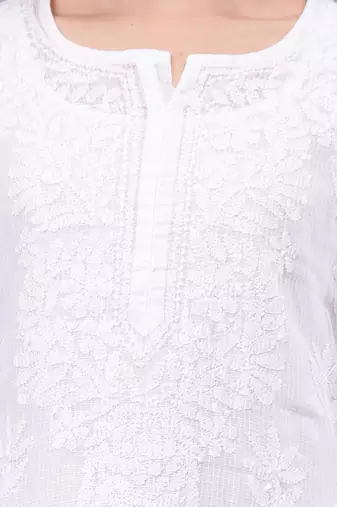 hand embroidered white kota lucknowi chikan kurta with slip