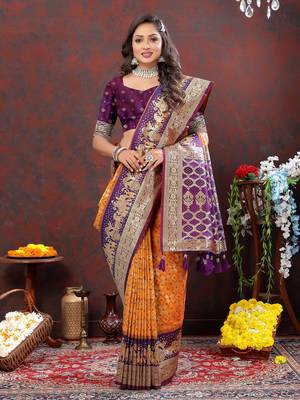 Vedant Vastram Women'S Mustard Color Kanjeevaram Patola Silk Blend Saree  4