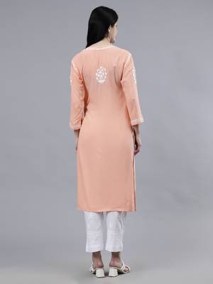 hand embroidered peach rayon lucknowi chikan kurta 2