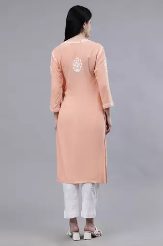 hand embroidered peach rayon lucknowi chikan kurta