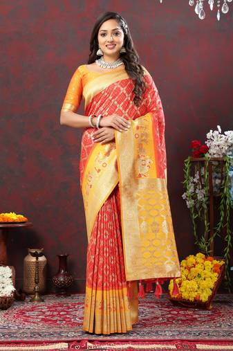 Vedant Vastram Women'S Orange Color Kanjeevaram Patola Silk Blend Saree 