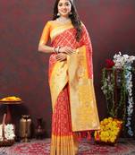 Vedant Vastram Women'S Orange Color Kanjeevaram Patola Silk Blend Saree 