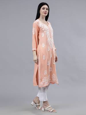 hand embroidered peach rayon lucknowi chikan kurta 3