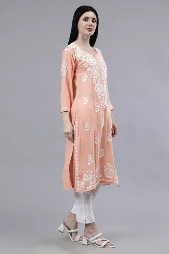 hand embroidered peach rayon lucknowi chikan kurta