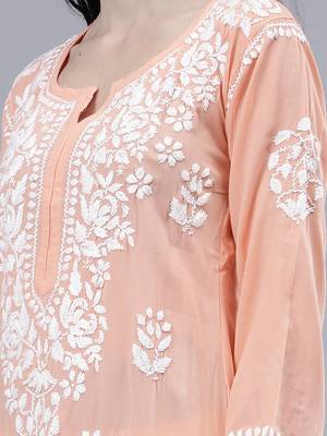 hand embroidered peach rayon lucknowi chikan kurta 4