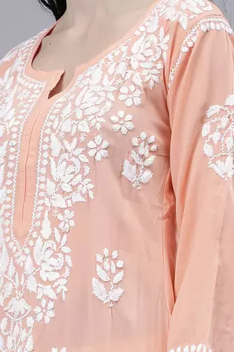 hand embroidered peach rayon lucknowi chikan kurta