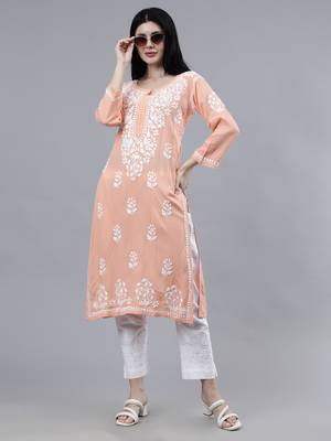 hand embroidered peach rayon lucknowi chikan kurta 1