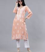 hand embroidered peach rayon lucknowi chikan kurta