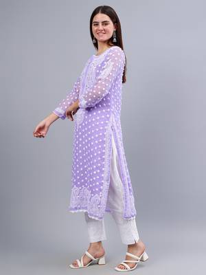 hand embroidered lavender georgette lucknowi chikan kurta with slip 1
