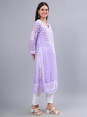 hand embroidered lavender georgette lucknowi chikan kurta with slip 2