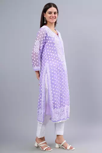 hand embroidered lavender georgette lucknowi chikan kurta with slip