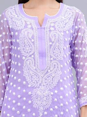 hand embroidered lavender georgette lucknowi chikan kurta with slip 3