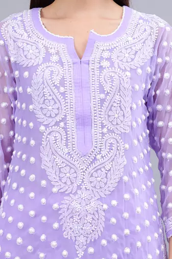 hand embroidered lavender georgette lucknowi chikan kurta with slip
