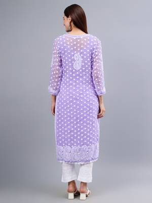 hand embroidered lavender georgette lucknowi chikan kurta with slip 4