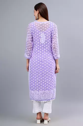 hand embroidered lavender georgette lucknowi chikan kurta with slip