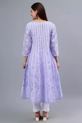 hand embroidered mauve terivoil cotton anarkali kurta