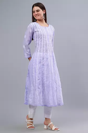 hand embroidered mauve terivoil cotton anarkali kurta
