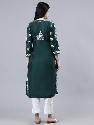 hand embroidered dark green muslin lucknowi chikan kurta 2