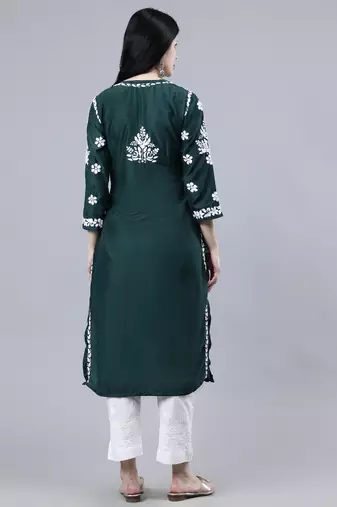 hand embroidered dark green muslin lucknowi chikan kurta