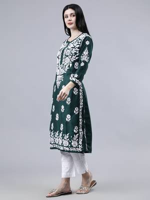 hand embroidered dark green muslin lucknowi chikan kurta 3