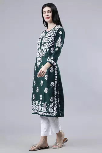 hand embroidered dark green muslin lucknowi chikan kurta