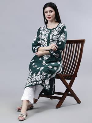 hand embroidered dark green muslin lucknowi chikan kurta 1