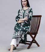 hand embroidered dark green muslin lucknowi chikan kurta