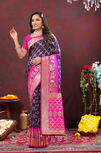 Vedant Vastram Women'S Violet Color Kanjeevaram Patola Silk Blend Saree 