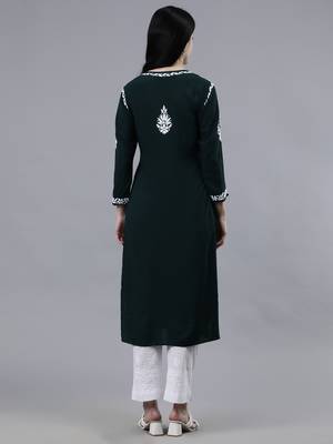 hand embroidered dark green modal lucknowi chikan kurta 2