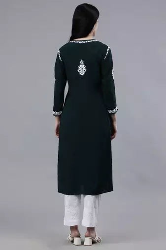 hand embroidered dark green modal lucknowi chikan kurta