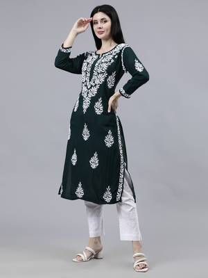 hand embroidered dark green modal lucknowi chikan kurta 3