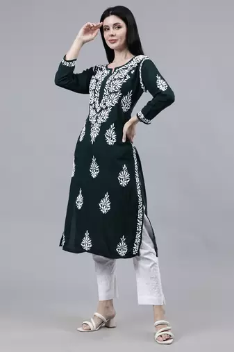 hand embroidered dark green modal lucknowi chikan kurta