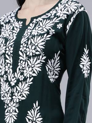 hand embroidered dark green modal lucknowi chikan kurta 4