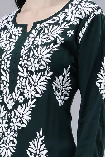 hand embroidered dark green modal lucknowi chikan kurta