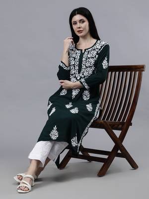 hand embroidered dark green modal lucknowi chikan kurta 1